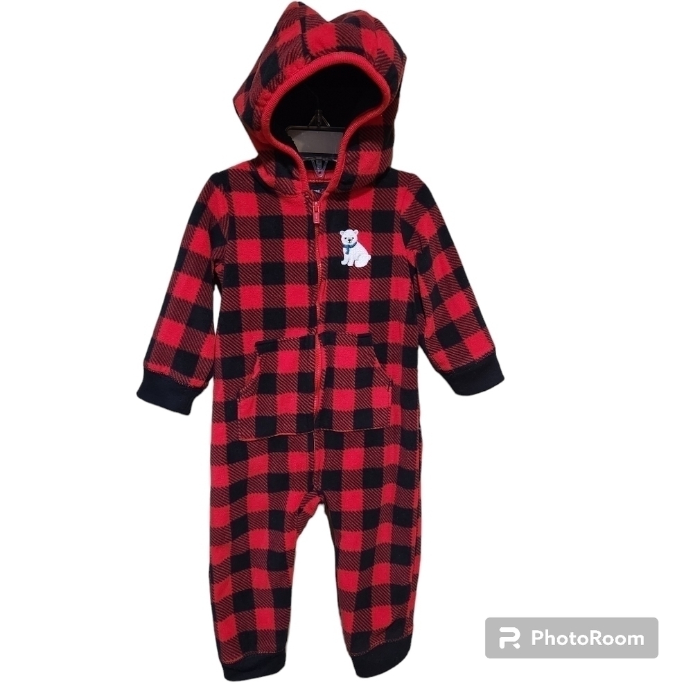 Carter's Baby Fleece Jumpsuit Buffalo Plaid Hooded Zip-Up Size 12M